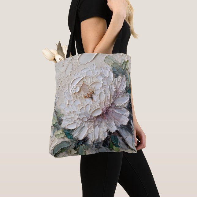 White Peony Impasto Art Tote Bag (Close Up)