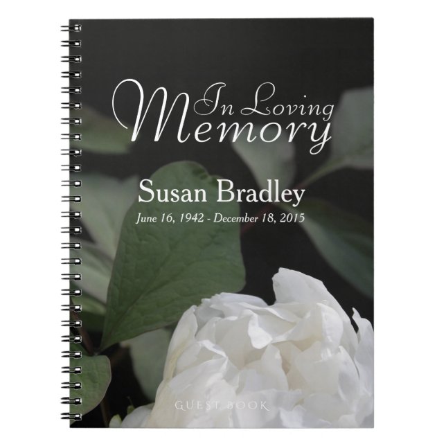 White Peony In Loving Memory Memorial GuestBook Spiral Notebook (Front)