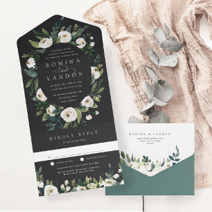 White Peony Oval Frame Watercolor Floral Wedding All In One Invitation