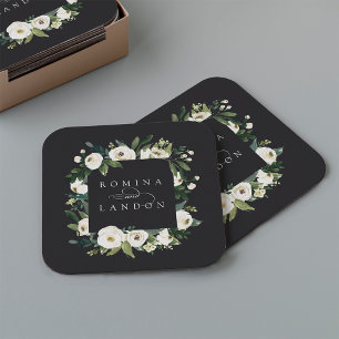 White Peony   Personalised Floral Frame Wedding Square Paper Coaster