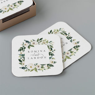 White Peony Personalised Floral Frame Wedding Square Paper Coaster
