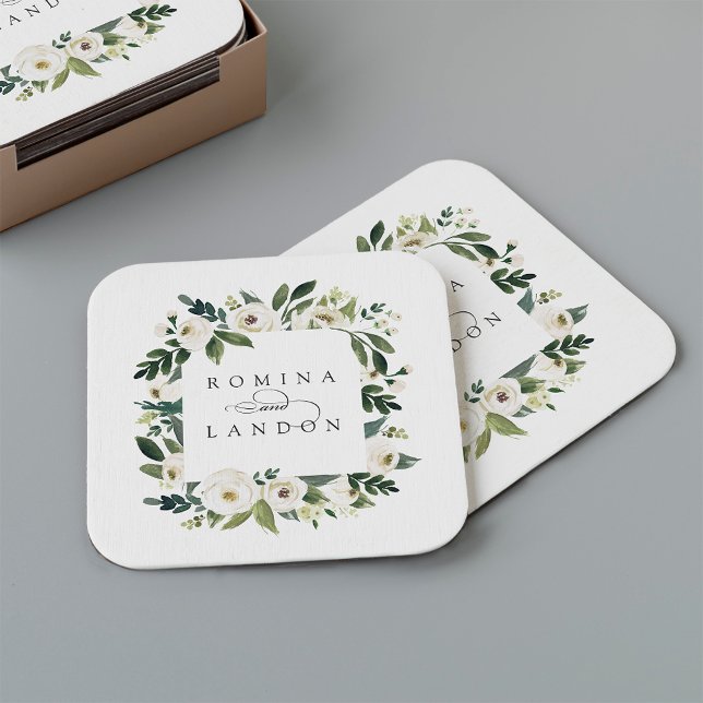White Peony | Personalised Floral Frame Wedding Square Paper Coaster (Creator Uploaded)