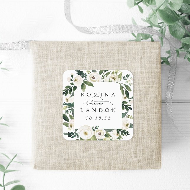 White Peony | Personalised Floral Frame Wedding Square Sticker (Creator Uploaded)