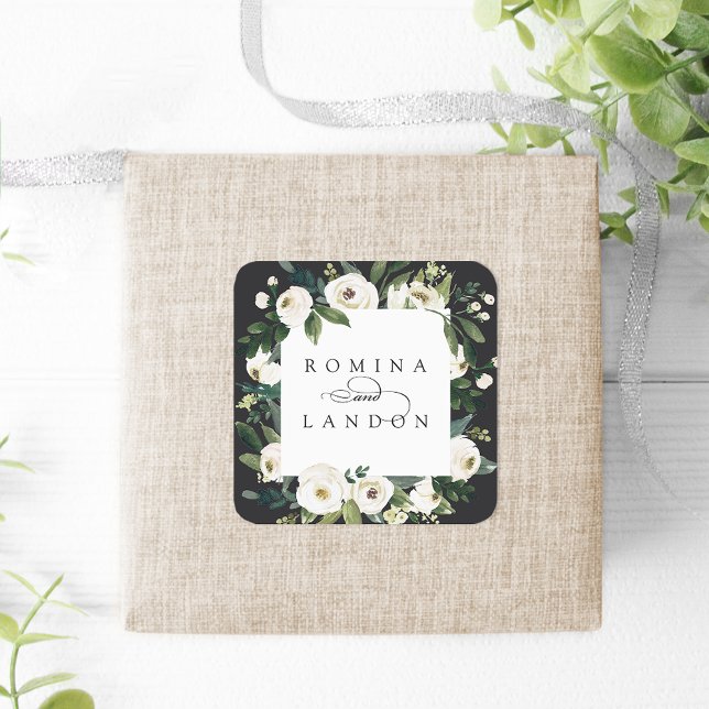 White Peony | Personalised Floral Frame Wedding Square Sticker (Creator Uploaded)