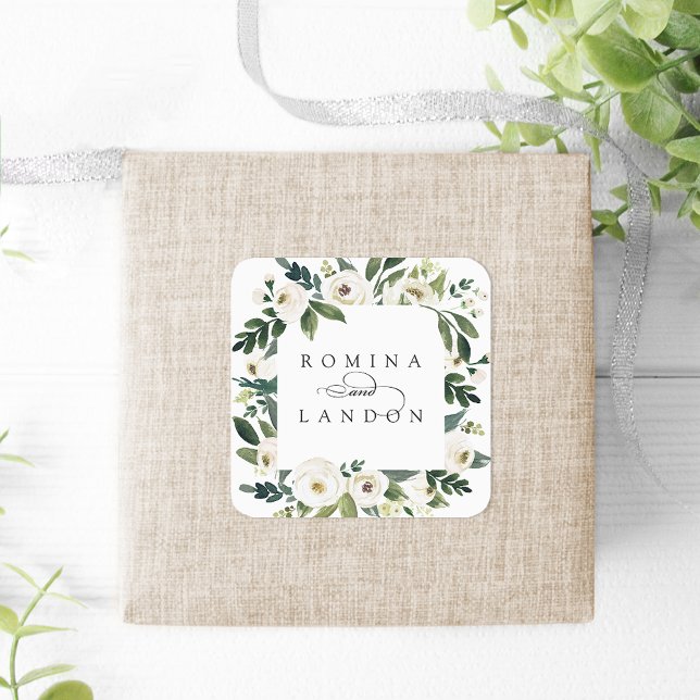White Peony | Personalised Floral Frame Wedding Square Sticker (Creator Uploaded)