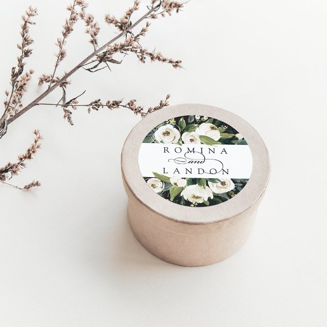 White Peony | Personalised Floral Wedding Classic Round Sticker (Creator Uploaded)