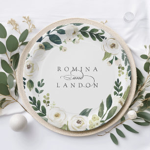 White Peony   Personalised Floral Wreath Wedding Paper Plate