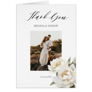 White Peony Photo Wedding Thank you Card