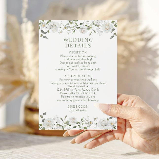 White Peony Rose Eucalyptus Wedding Details Cards (Creator Uploaded)