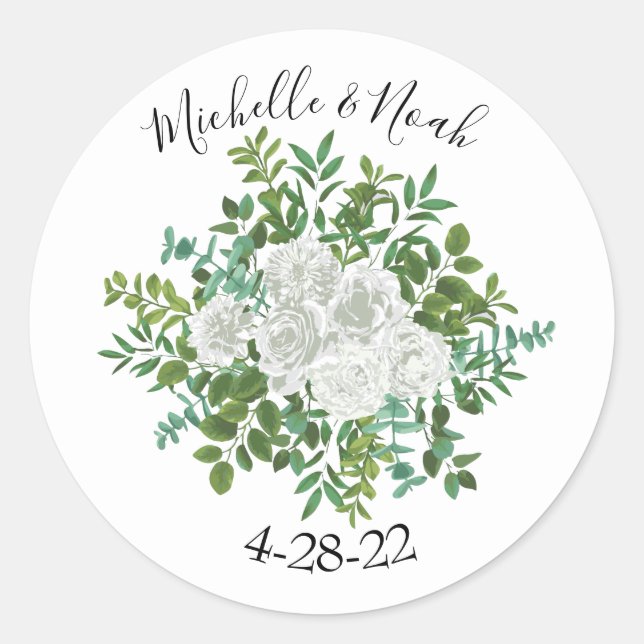 White Peony & Rose Floral Wedding Classic Round Sticker (Front)