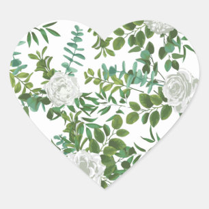 White Peony & Rose Floral Wedding Heart Sticker