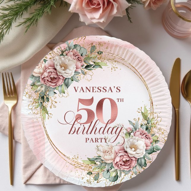 White Peony Rose Gold 50th Birthday Paper Plates (White Peony Rose Gold 50th Birthday Paper Plates)