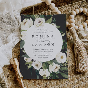 White Peony   Round Floral Frame Wedding Invitation