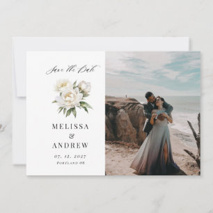 White Peony Save the Date Invitation