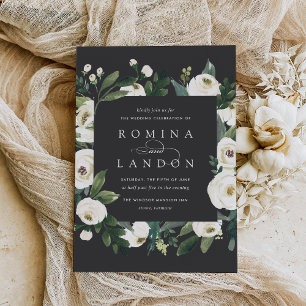 White Peony Square Floral Frame Wedding Invitation