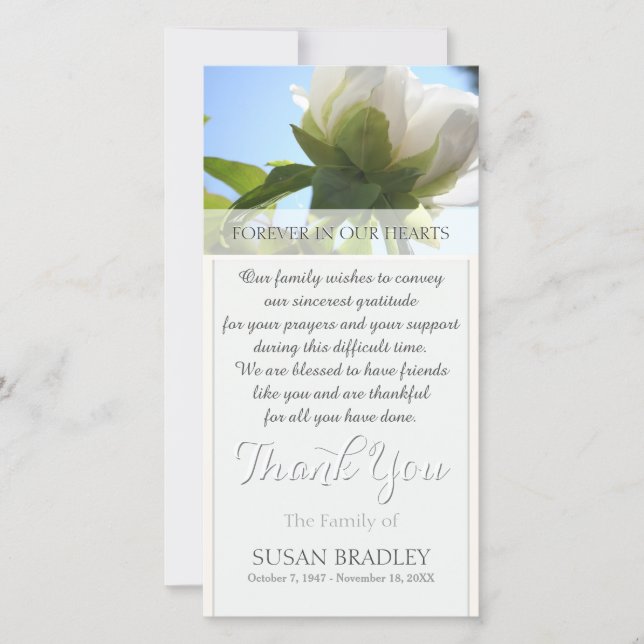White Peony Sympathy Thank you Photo card (Front)