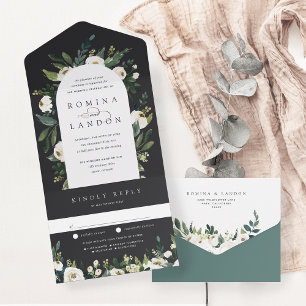 White Peony   Watercolor Floral Arch Wedding All In One Invitation