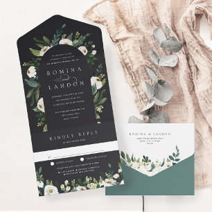 White Peony   Watercolor Floral Arch Wedding All In One Invitation