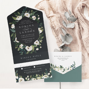 White Peony Watercolor Floral Frame Wedding All In One Invitation