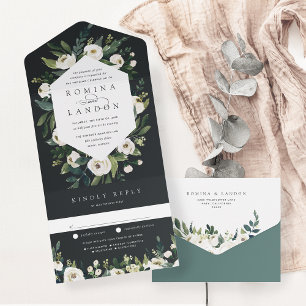 White Peony Watercolor Floral Frame Wedding All In One Invitation