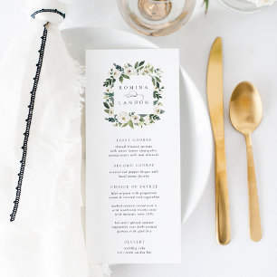 White Peony Watercolor Floral Frame Wedding Menu