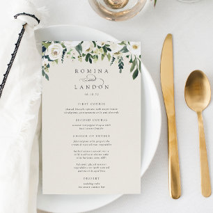 White Peony Watercolor Floral Frame Wedding Menu