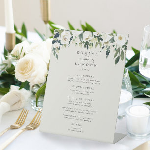 White Peony Watercolor Floral Frame Wedding Menu Pedestal Sign