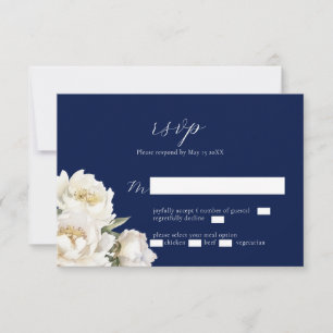 White Peony Wedding Blue RSVP Card