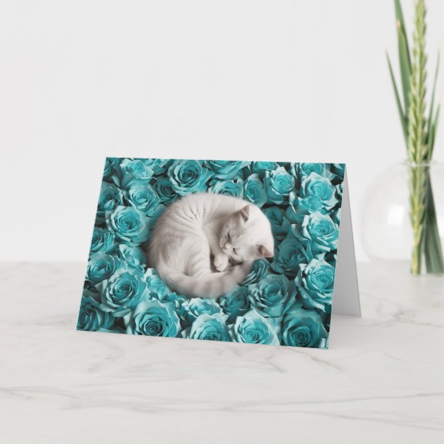 White Persian Cat and Roses Card (Front)