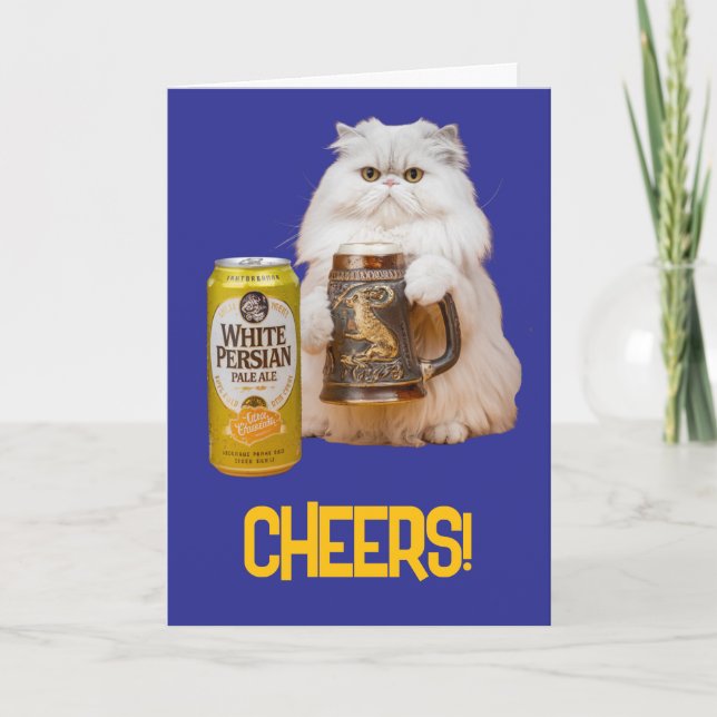 White Persian Cat Beer Drinker Card (Front)