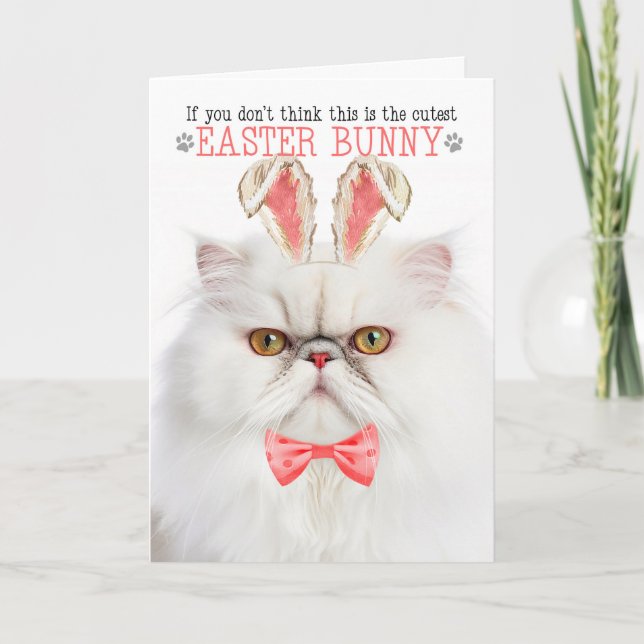 White Persian Cat Cutest Easter Bunny Kitty Puns Holiday Card (Front)