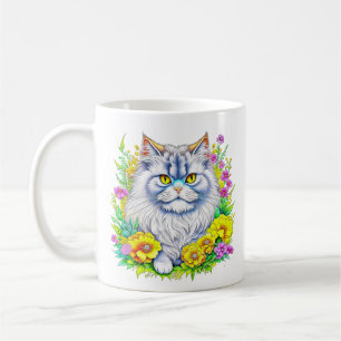 White Persian Cat in Flowers Coffee Mug