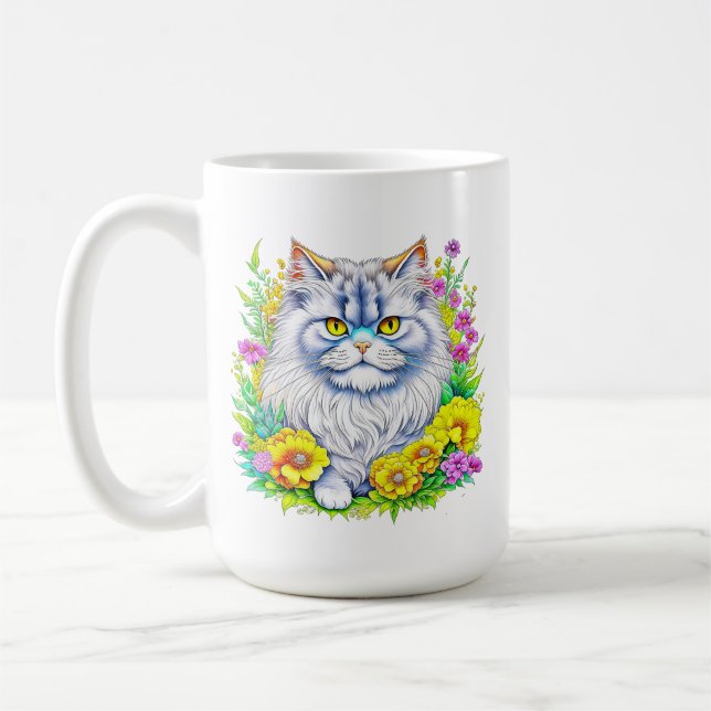 White Persian Cat in Flowers Personalised Coffee Mug (Left)