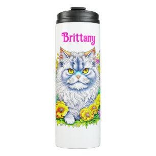 White Persian Cat in Flowers Personalized Thermal Tumbler
