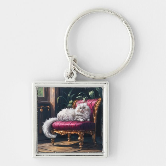 White Persian Cat Key Ring (Front)