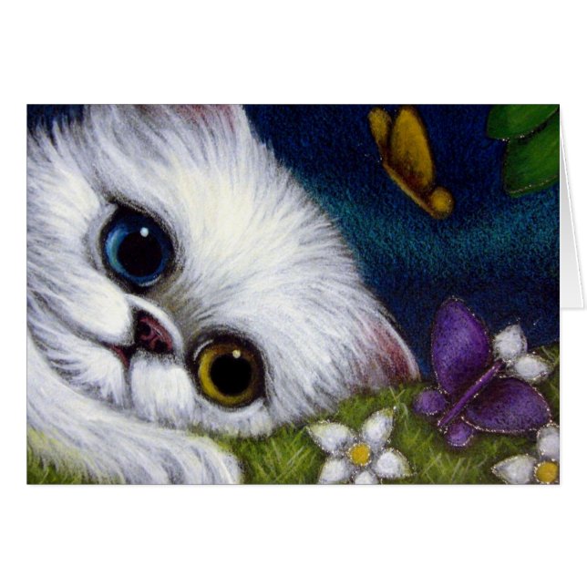WHITE PERSIAN CAT ODD EYE & BUTTERFLIES Card (Front Horizontal)