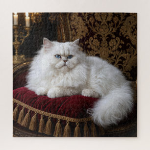 White Persian Cat on a Velvet Chair Cushion Jigsaw Puzzle