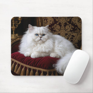 White Persian Cat on a Velvet Chair Cushion Mouse Pad