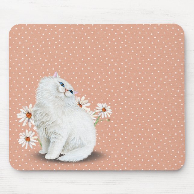 white Persian cat on pin dot pattern Mouse Pad (Front)