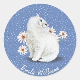White Persian cat on pin dots Classic Round Sticker