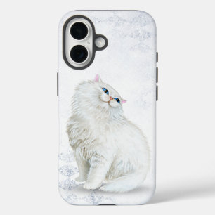 white Persian cat on silver diamond pattern iPhone 16 Case