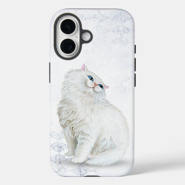 white Persian cat on silver diamond pattern Case-Mate iPhone Case (Back)