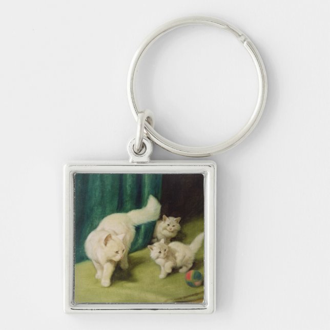 White Persian Cat with Two Kittens Key Ring (Front)