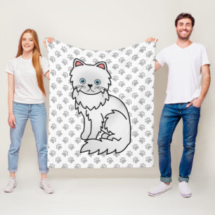 White Persian Cute Cartoon Cat & Paws Fleece Blanket