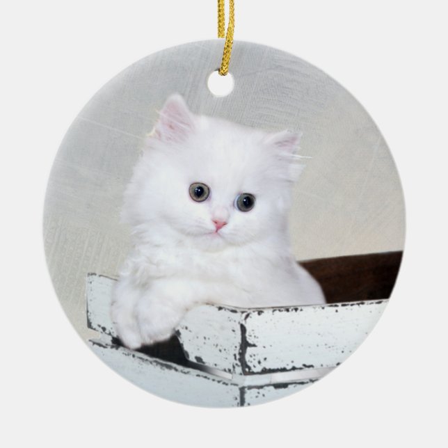White Persian kitten Ceramic Tree Decoration (Front)