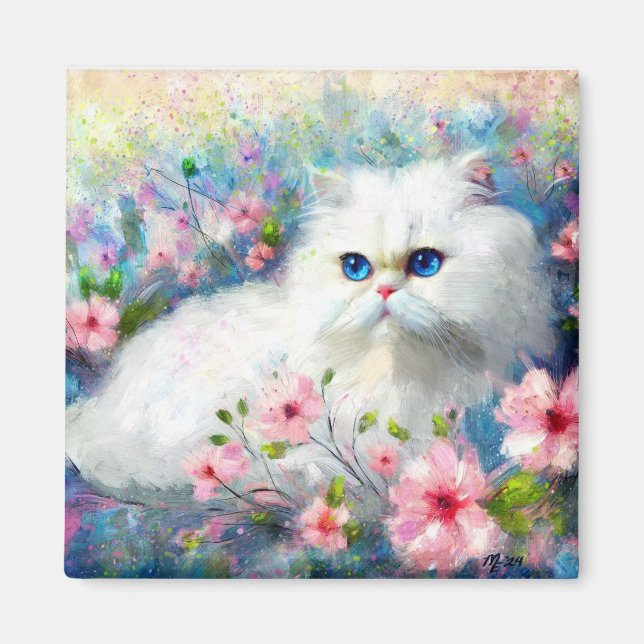 White Persian Kitty Cat Blue Eyes in Pink Flowers Magnet (Front)