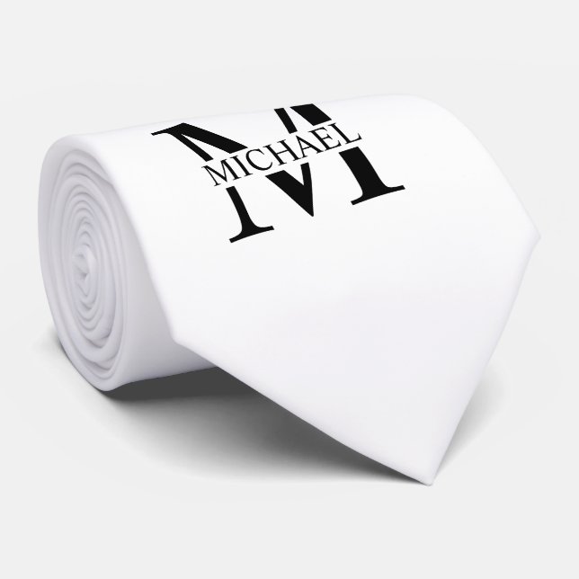 White Personalised Monogram and Name Tie (Rolled)