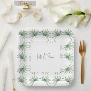 White Personalised Names Tropical Palm Wedding Paper Plate