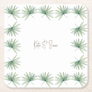 White Personalised Names Tropical Palm Wedding Square Paper Coaster
