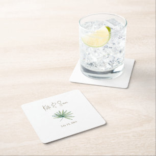 White Personalised Names Tropical Wedding Square Paper Coaster